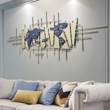 3D European Style World Map Metal Wall Decor Art in Blue & Gold